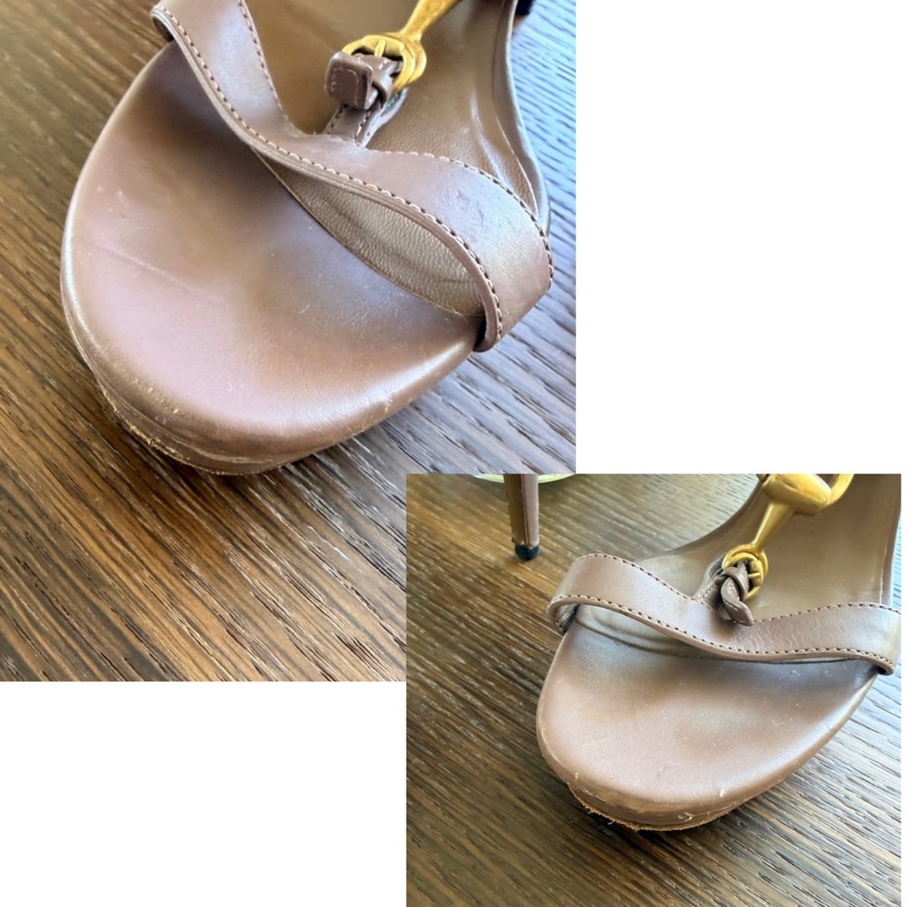 AUTH GUCCI TAN LEATHER PLATFORM W/ GOLD HORSEBIT - Picture 16 of 16